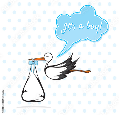 Baby Boy Card - A stork delivering a cute baby boy
