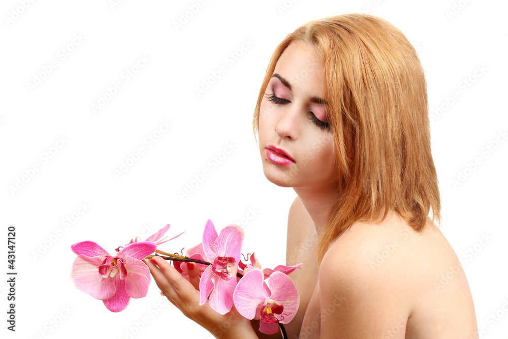 portrait of sexy young woman with pink orchid flower portrait of sexy young woman with pink orchid flower