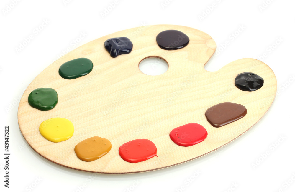 wooden art palette with paint isolated on white wooden art palette with paint isolated on white