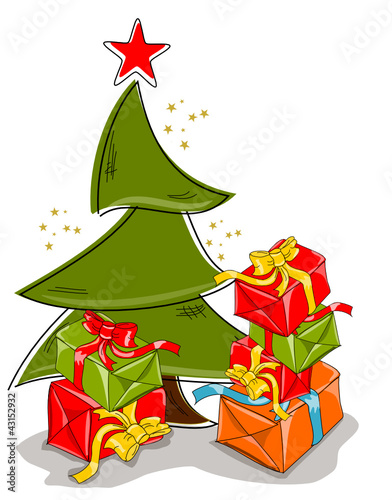 Weihnachten, Karte mit Baum und Geschenken