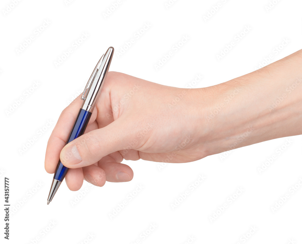 Ballpoint pen in hand on white background Ballpoint pen in hand on white background