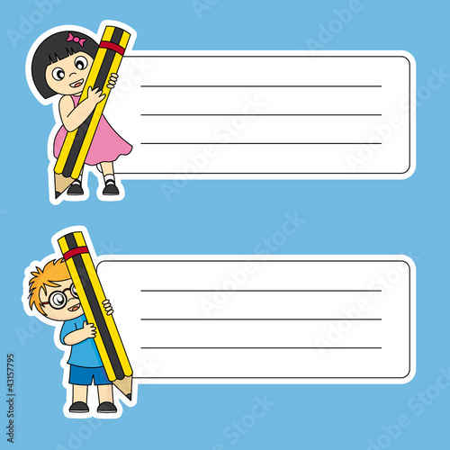 Pegatinas para material escolar. Niños con un lápiz