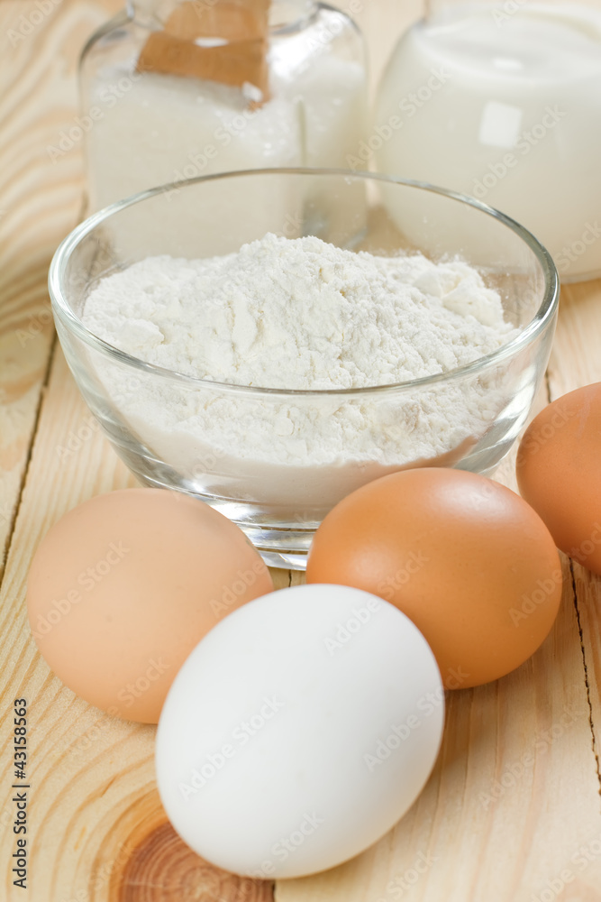 Basic ingredients for dough. Milk, eggs and flour. Basic ingredients for dough. Milk, eggs and flour.