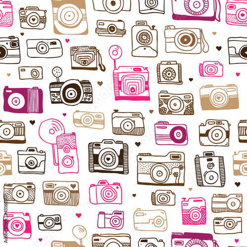 Seamless photo camera doodle pattern in vector