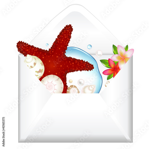 Open Envelope With Starfish And Flowers