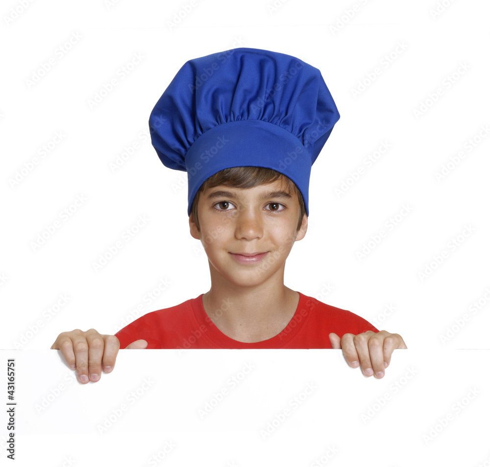 Niño cocinero sujetando un panel blanco,niño chef. Niño cocinero sujetando un panel blanco,niño chef.