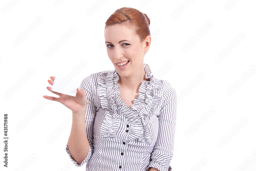 Hübsche junge Frau hält eine Visitenkarte in ihrer Hand Hübsche junge Frau hält eine Visitenkarte in ihrer Hand