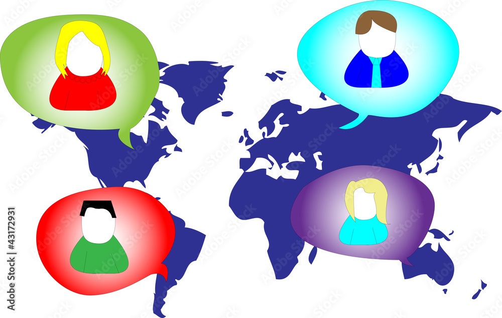 Several persons in social media network on world map Several persons in social media network on world map