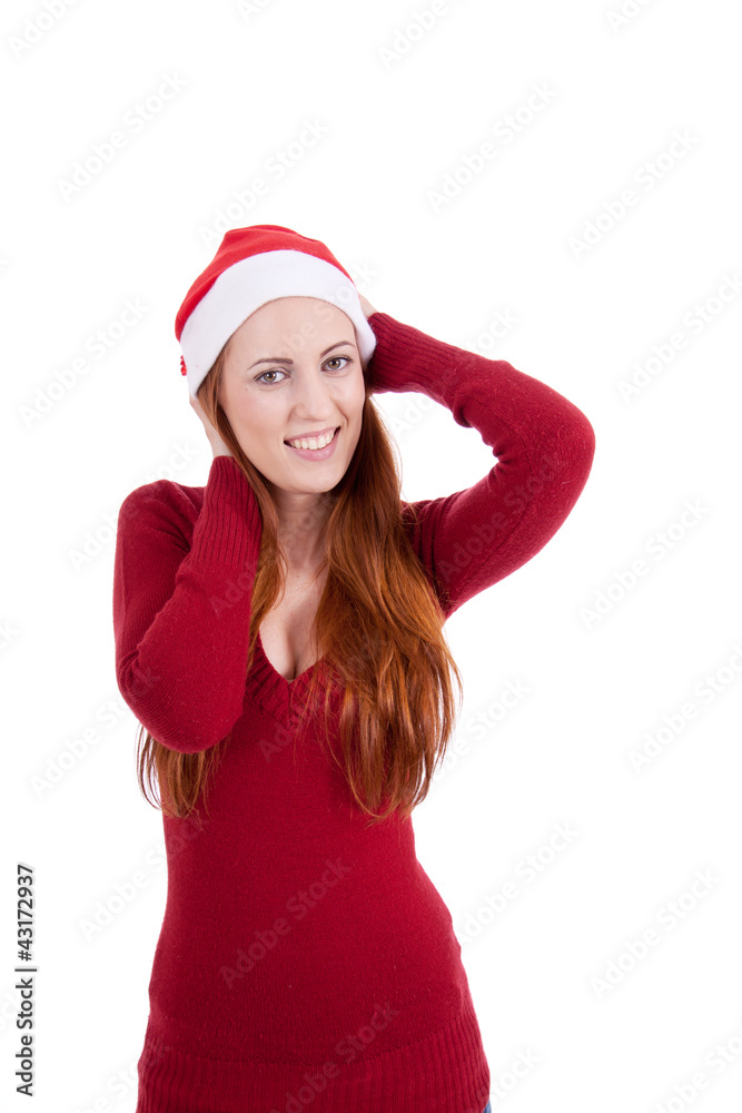 Lachende Junge Frau zur Weihnachtszeit mit roter Nikolausmütze Lachende Junge Frau zur Weihnachtszeit mit roter Nikolausmütze