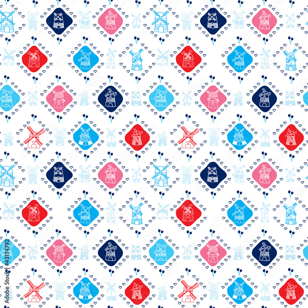 Obraz premium Seamless dutch windmill holland background pattern