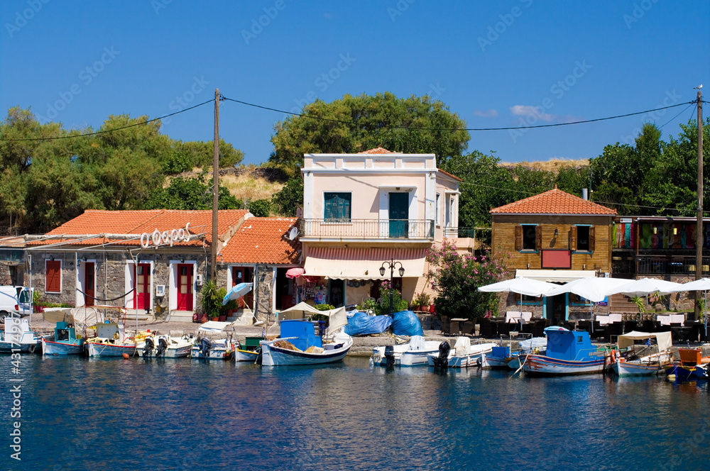 fishing harbor the town of molyvos, lesvos, greece fishing harbor the town of molyvos, lesvos, greece