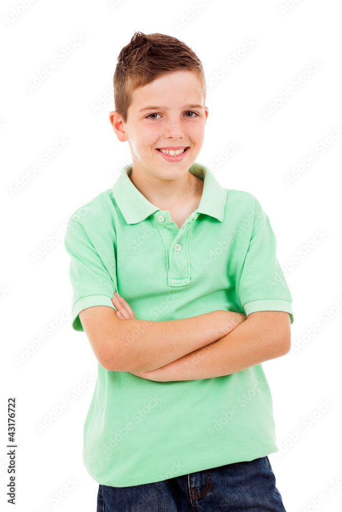 Portrait of happy little boy with arms crossed over white backgr Portrait of happy little boy with arms crossed over white backgr