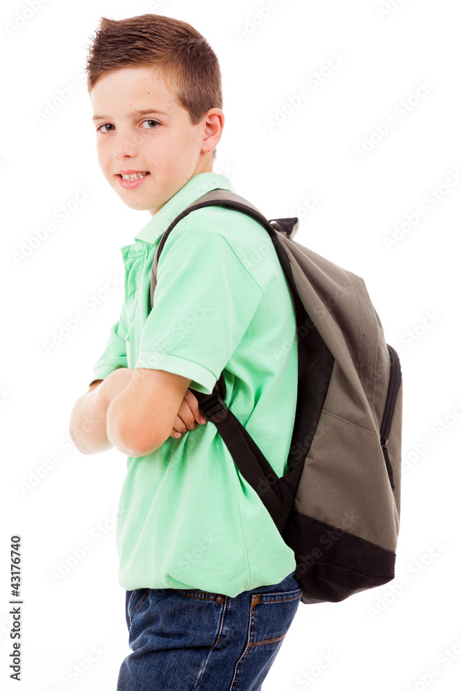 Portrait of a school boy with backpack, isolated on white backgr Portrait of a school boy with backpack, isolated on white backgr