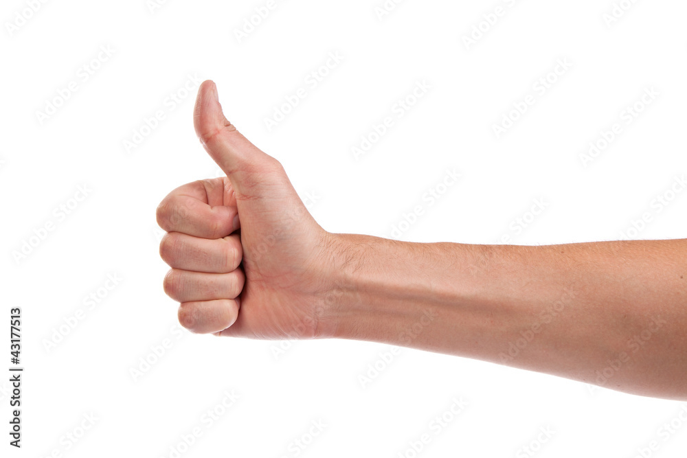 Male hand showing thumbs up sign isolated on white Male hand showing thumbs up sign isolated on white