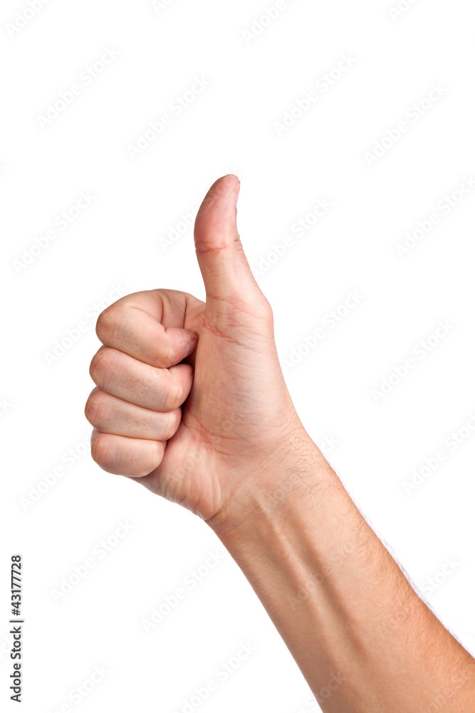 Male hand showing thumbs up sign isolated on white Male hand showing thumbs up sign isolated on white