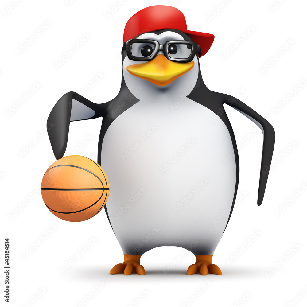 Obraz premium 3d Penguin in baseball cap bounces basketball