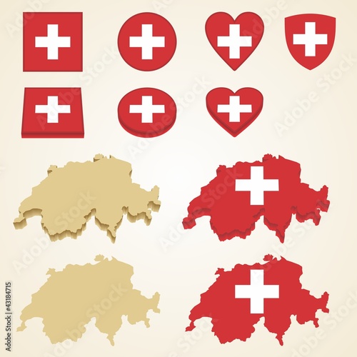Switzerland Map, Vector 3D pack of Switzerland and flag