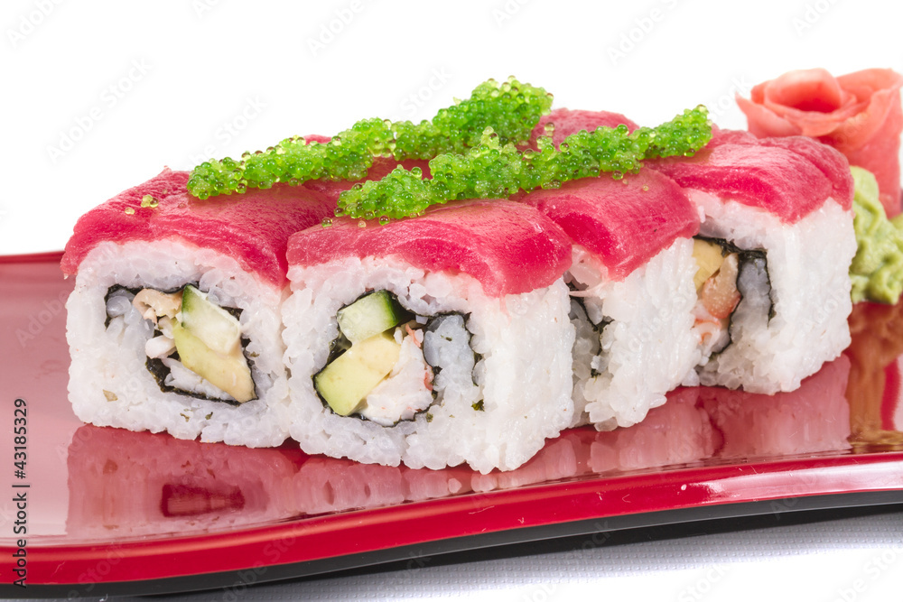 Maki Sushi - Roll made of Crab, avocado, cucumber inside. Fresh Maki Sushi - Roll made of Crab, avocado, cucumber inside. Fresh