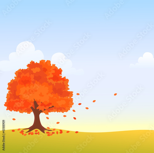 Autumn tree in field with falling leaves