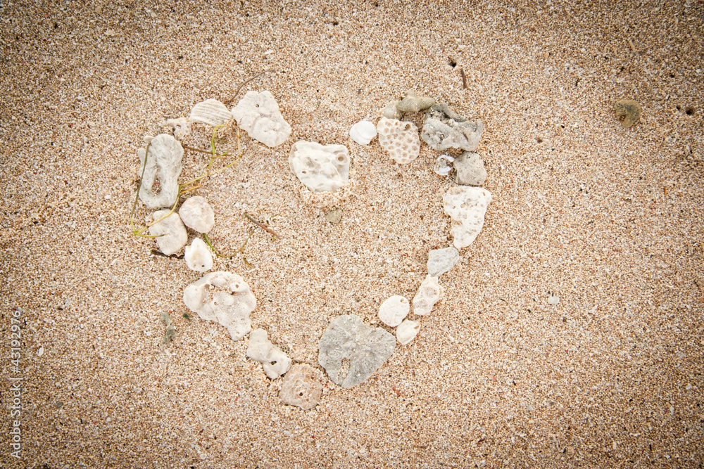 Shells on the ocean beach, heart shape background Shells on the ocean beach, heart shape background