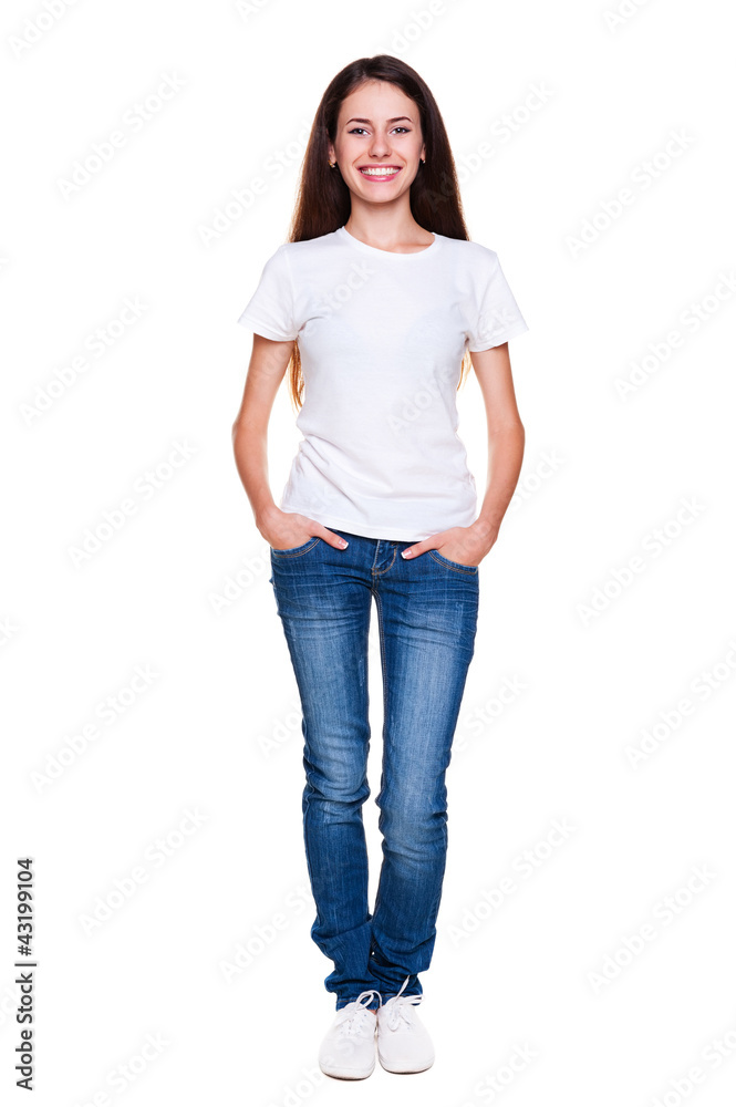 happy teenager in white t-shirt and jeans happy teenager in white t-shirt and jeans