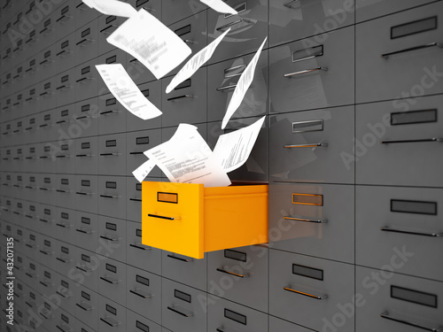 Akten fliegen aus Schublade 3D