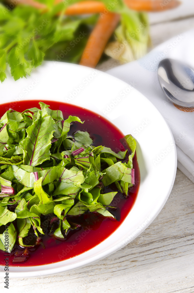 Vegetable soup from young, fresh sheets of the beetroot Vegetable soup from young, fresh sheets of the beetroot