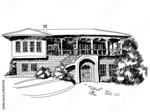 Black and white sketch of big mediterranean villa