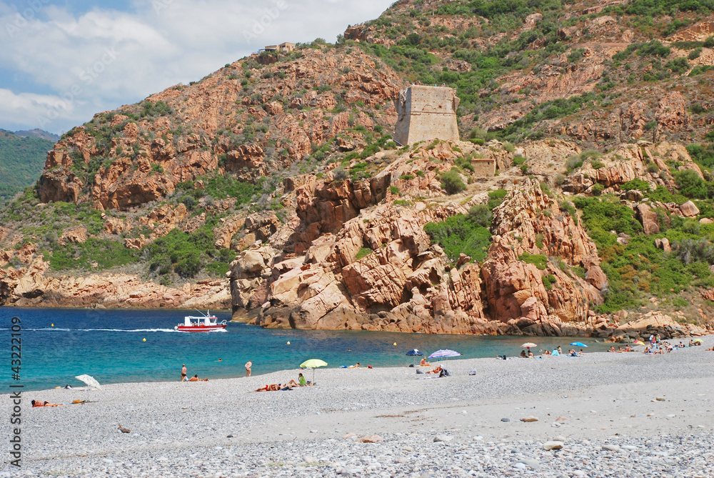 Obraz premium Porto beach with Genuese tower in background, Corsica