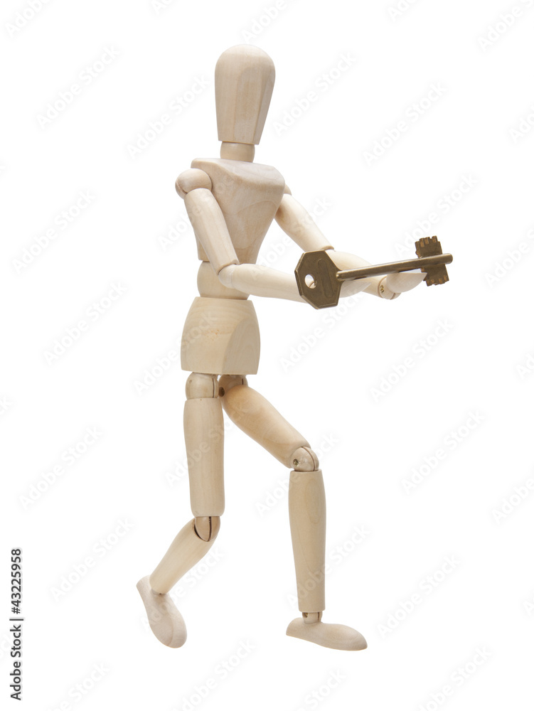 wooden man with key, isolated on white wooden man with key, isolated on white