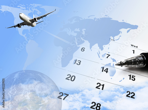 composite of calendar and world map and airplane