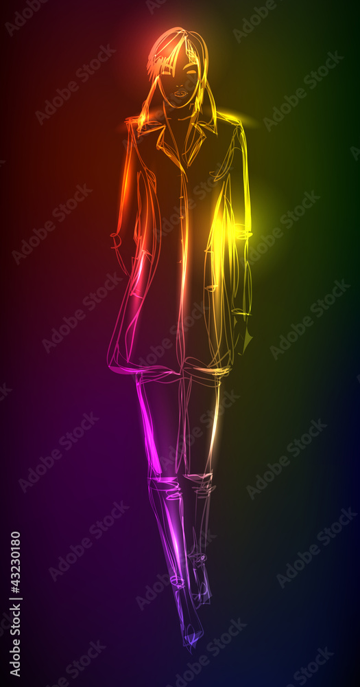 Hand-drawn fashion model from a neon. A light girl's Hand-drawn fashion model from a neon. A light girl's