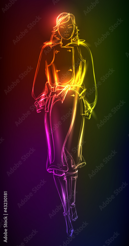 Hand-drawn fashion model from a neon. A light girl's Hand-drawn fashion model from a neon. A light girl's