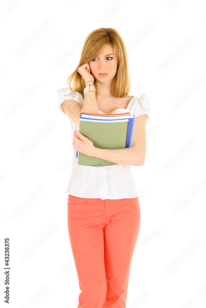 Young student white shirt with books and various expressions Young student white shirt with books and various expressions