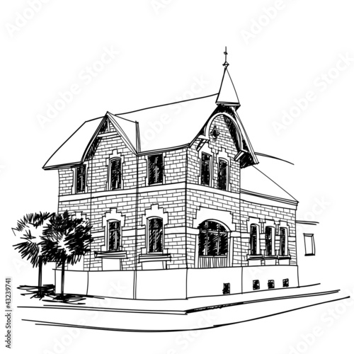 Black and white sketch of traditional old german baroque house