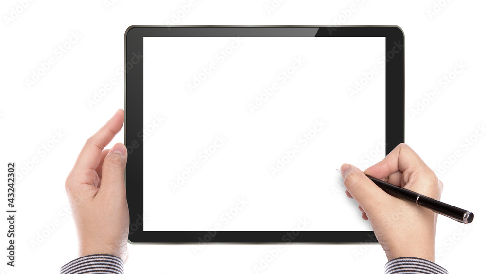 Business man write on touch screen device Business man write on touch screen device