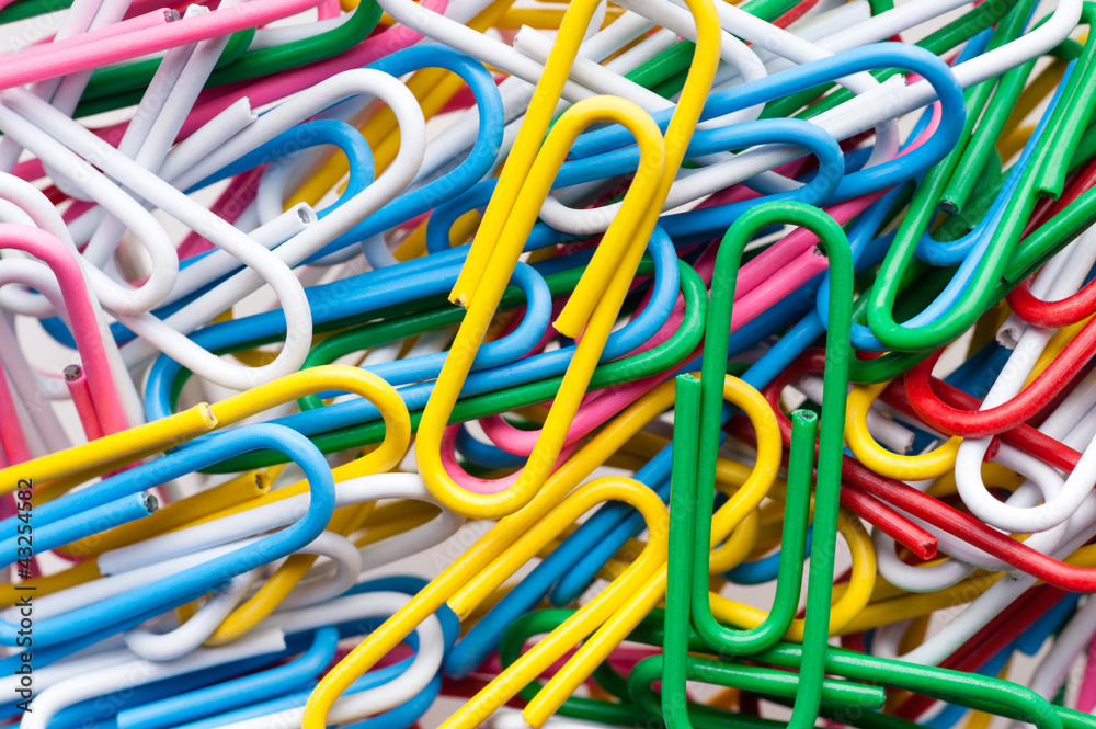 Assorted multicolor paper clips, close-up shot