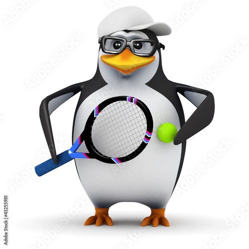3d Penguin in baseball cap plays tennis © Steve Young