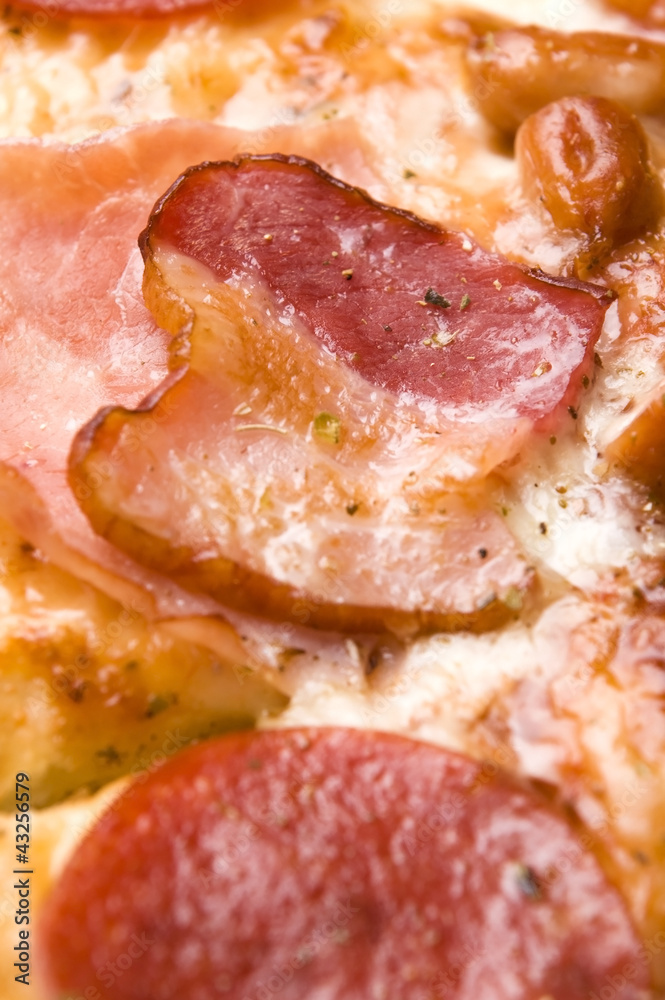 Italian pizza with bacon, salami and mozzarella cheese Italian pizza with bacon, salami and mozzarella cheese