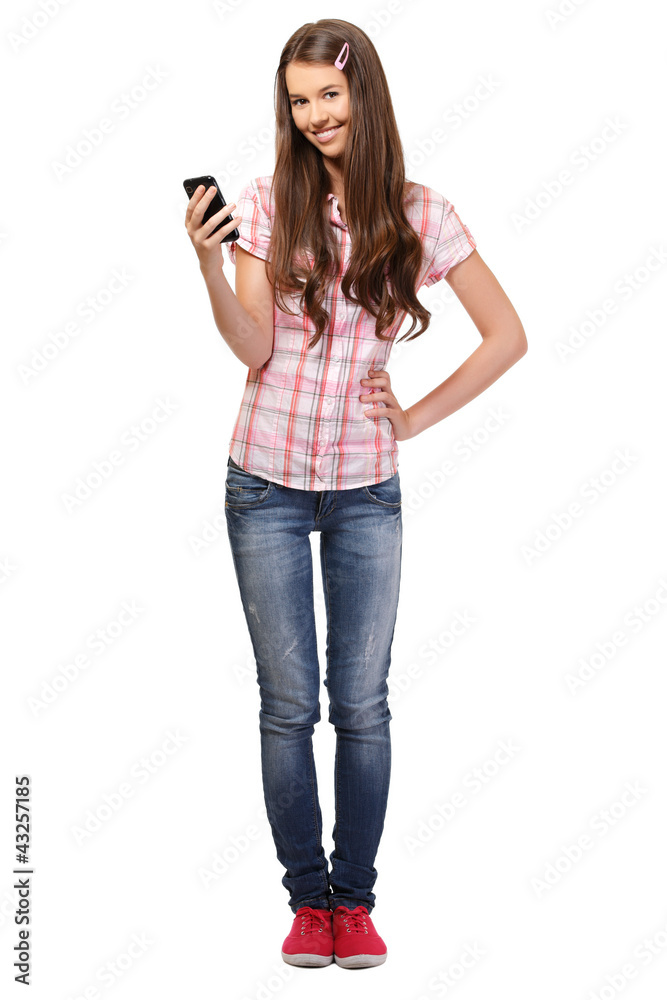 nice student holding cellphone in her hand nice student holding cellphone in her hand