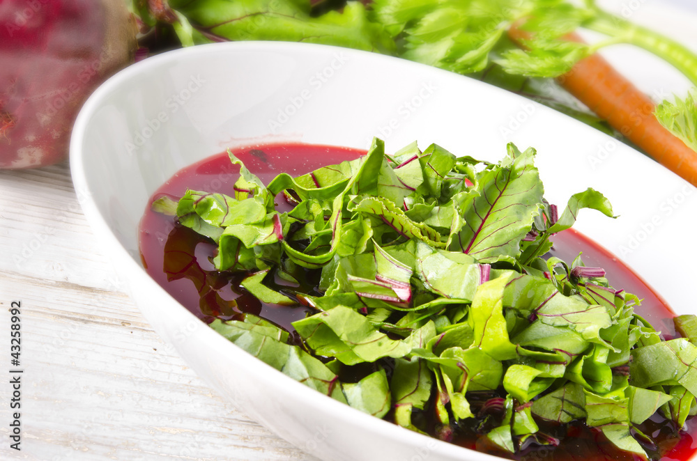 Vegetable soup from young, fresh sheets of the beetroot Vegetable soup from young, fresh sheets of the beetroot