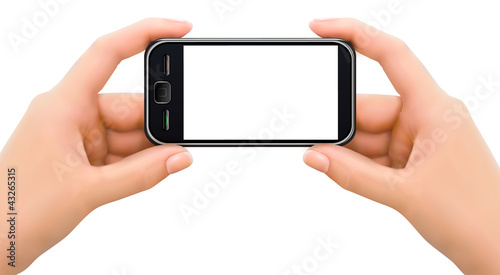 Two hands holding mobile smart phone