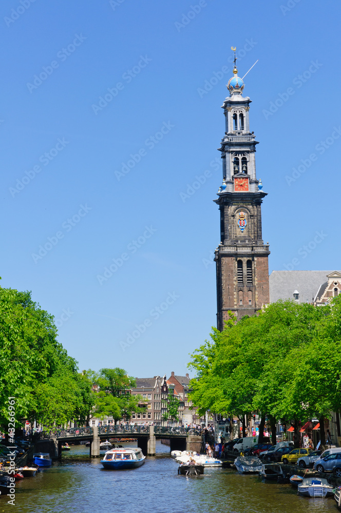Westerkerk and Prinsengracht in Amsterdam, Netherlands