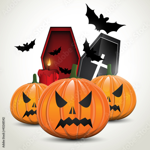 Halloween background with pumpkins and coffin