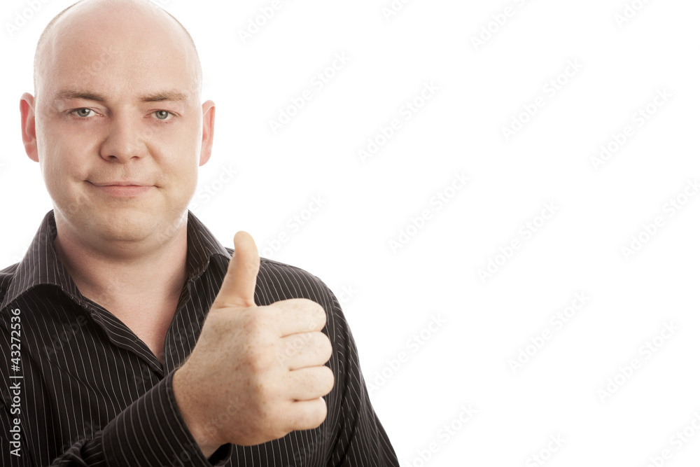 bald man in shirt thumb up and smiling bald man in shirt thumb up and smiling