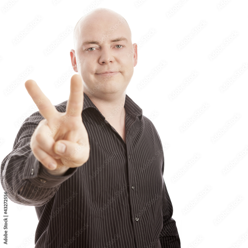 Bald man with black shirt sign victory