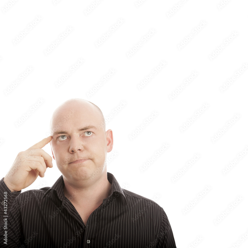 bald man with finger thinking on idea bald man with finger thinking on idea