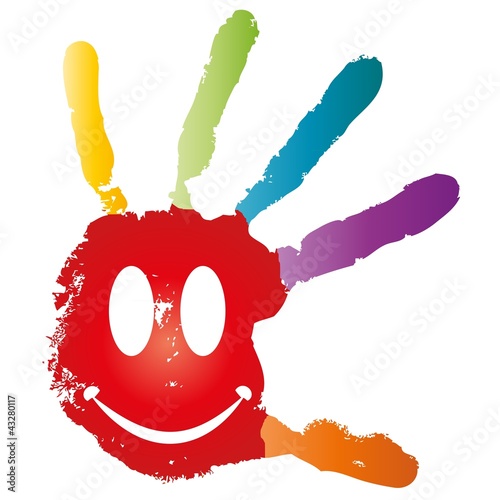 Smiley face conceptual painted hand shape isolated on white
