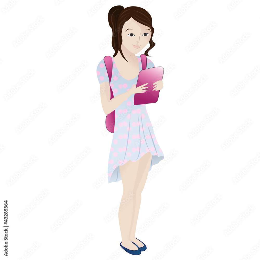 Girl standing smiling and reading something interesting Girl standing smiling and reading something interesting