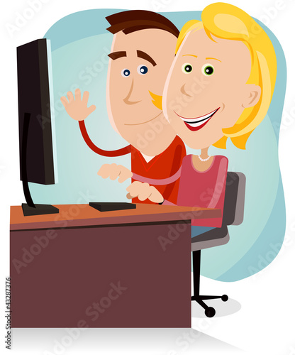 Happy Mom And Dad Working On Desktop Computer